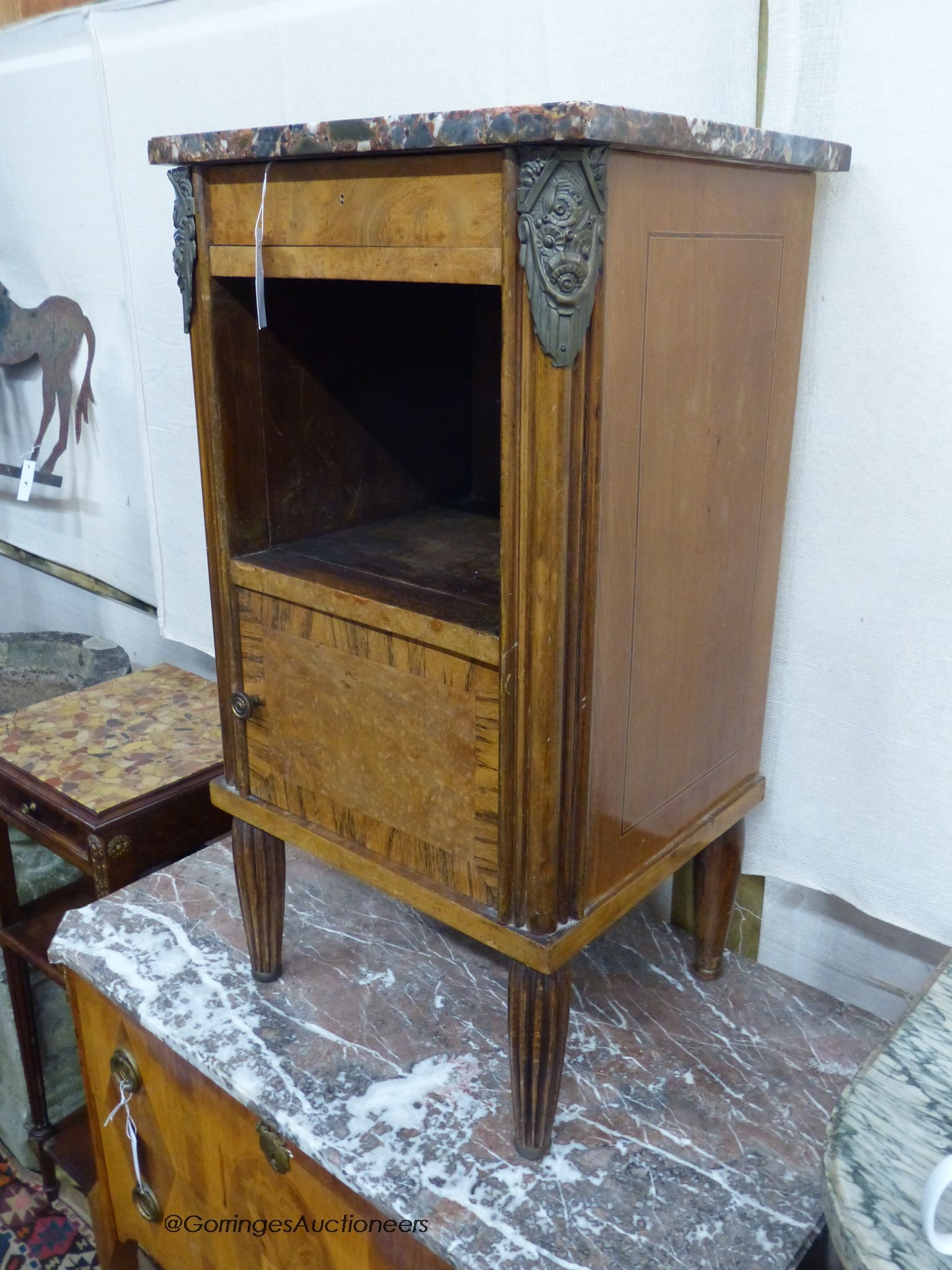 A French marble topped bedside cabinet, width 42cm, depth 36cm, height 78cm